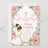 Meisje biddend Eerste Heilige Communie Roze Bloeme Kaart (Voorkant)