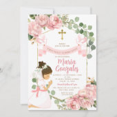 Meisje biddend Eerste Heilige Communie Roze Bloeme Kaart (Voorkant)