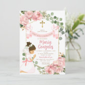 Meisje biddend Eerste Heilige Communie Roze Bloeme Kaart (Staand voorkant)