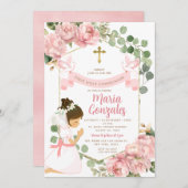 Meisje biddend Eerste Heilige Communie Roze Bloeme Kaart (Voorkant / Achterkant)