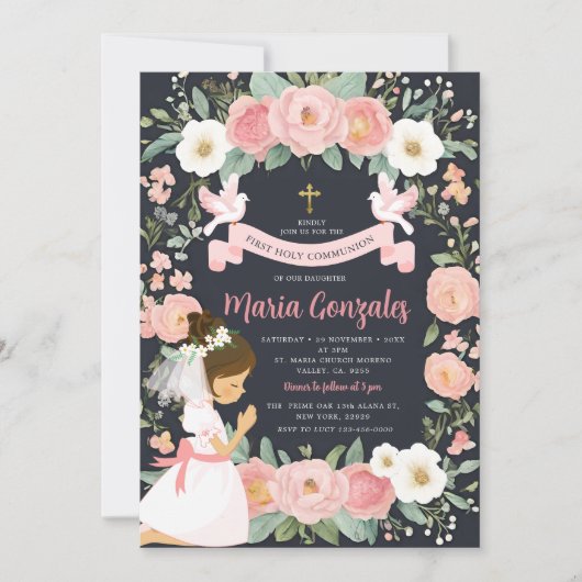 Meisje biddend Eerste Heilige Communie Roze Bloeme Kaart (Voorkant)
