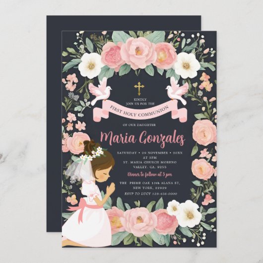 Meisje biddend Eerste Heilige Communie Roze Bloeme Kaart (Voorkant / Achterkant)