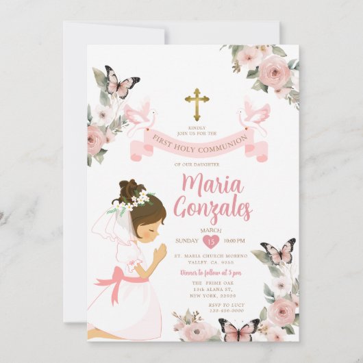 Meisje biddend Eerste Heilige Communie Roze Bloeme Kaart (Voorkant)