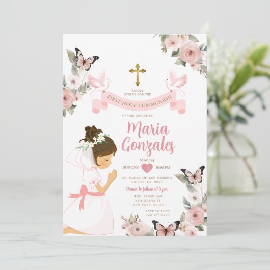 Meisje biddend Eerste Heilige Communie Roze Bloeme Kaart (Staand voorkant)