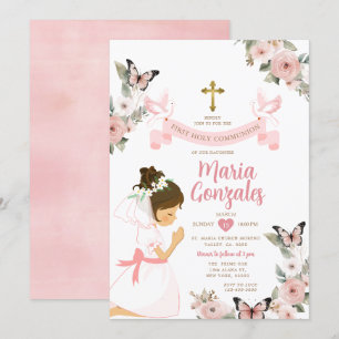 Meisje biddend Eerste Heilige Communie Roze Bloeme Kaart