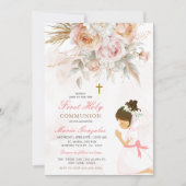 Meisje biddend Eerste Heilige Communie Roze Bloeme Kaart (Voorkant)