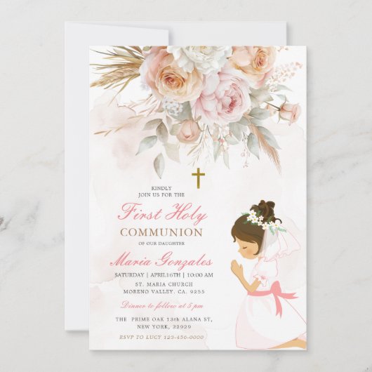 Meisje biddend Eerste Heilige Communie Roze Bloeme Kaart (Voorkant)
