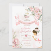 Meisje biddend Eerste Heilige Communie Roze Bloeme Kaart (Voorkant)