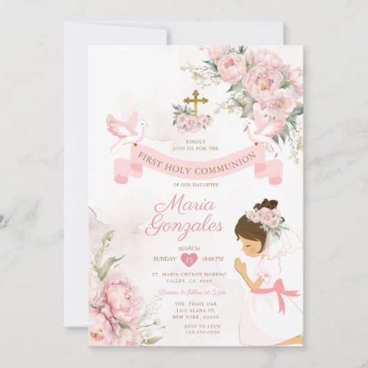 Meisje biddend Eerste Heilige Communie Roze Bloeme Kaart (Voorkant)