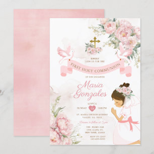 Meisje biddend Eerste Heilige Communie Roze Bloeme Kaart