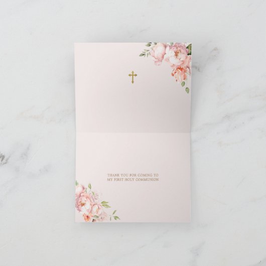 Meisje biddend goud eerste heilige communie gevouw bedankkaart (Binnen)
