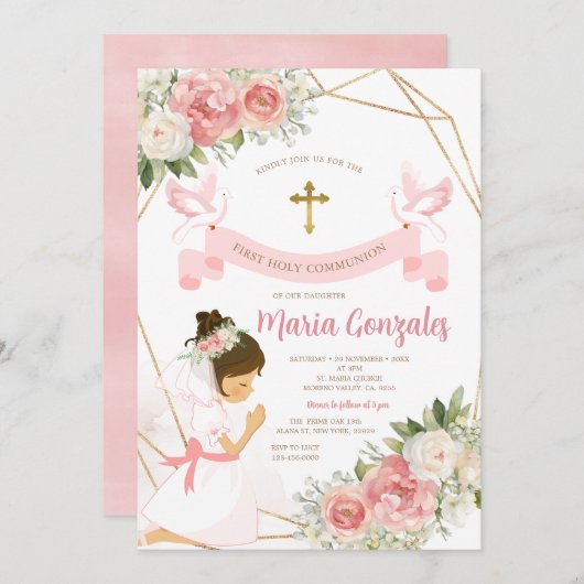 Meisje biddend Goud Eerste Heilige Communie Roze B Kaart (Voorkant / Achterkant)