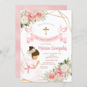 Meisje biddend Goud Eerste Heilige Communie Roze B Kaart