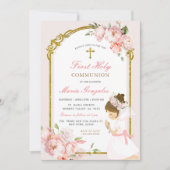 Meisje biddend Goud Eerste Heilige Communie Roze B Kaart (Voorkant)