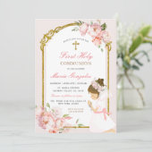 Meisje biddend Goud Eerste Heilige Communie Roze B Kaart (Staand voorkant)