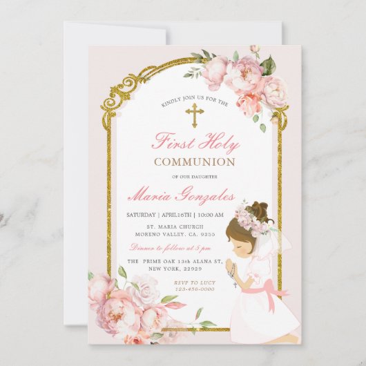 Meisje biddend Goud Eerste Heilige Communie Roze B Kaart (Voorkant)