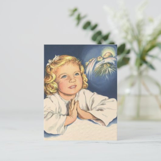 Meisje bidt aan Jezus Christus, beddengoed Briefkaart (Staand voorkant)