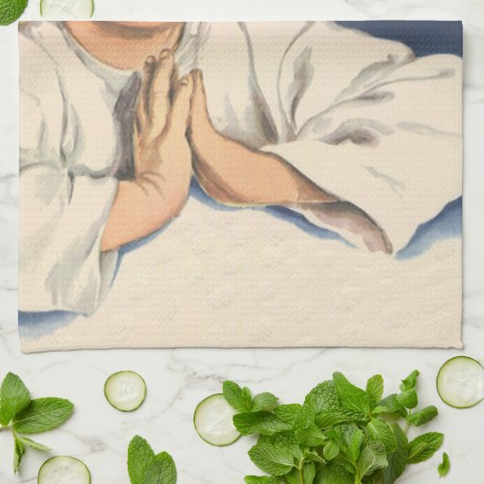 Meisje bidt aan Jezus Christus, beddengoed Theedoek (Gevouwen)