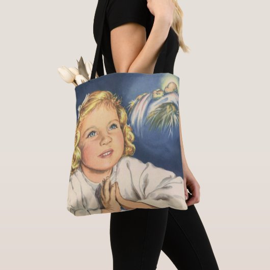 Meisje bidt aan Jezus Christus, beddengoed Tote Bag (Dichtbij)