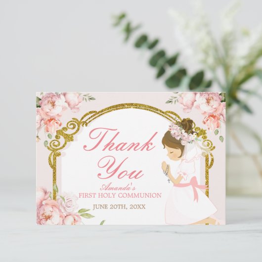 Meisje bidt goud 1e Heilige Communie Dank u Bedankkaart (Staand voorkant)