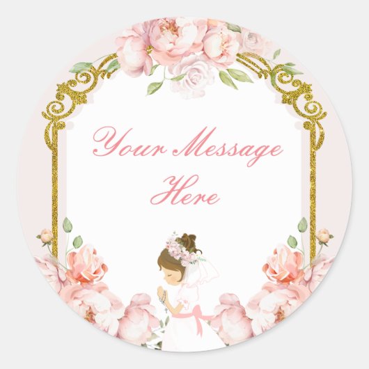 Meisje bidt goud 1e Heilige Communie Uw Boodschap Ronde Sticker (Voorkant)