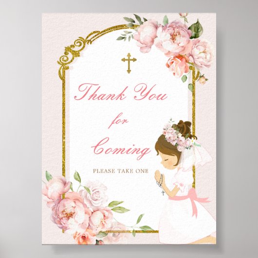 Meisje bidt goud Eerste Heilige Communie Dank u Poster (Voorkant)