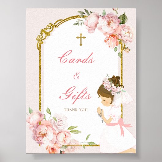 Meisje bidt Goud Eerste Heilige Communie Kaart & C Poster (Voorkant)