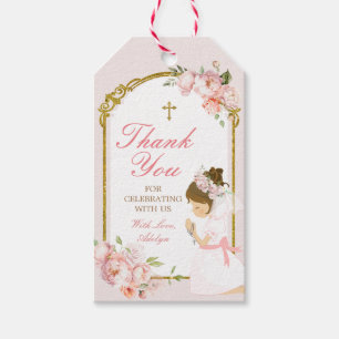 Meisje bidt goud eerste heilige communie krullend  cadeaulabel