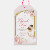 Meisje bidt goud eerste heilige communie krullend  cadeaulabel (Achterkant)