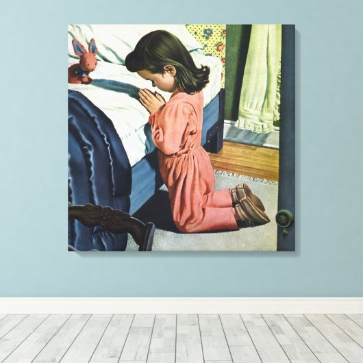Meisje bidt in Bedtime, het gebed van de Heer Canvas Afdruk (Insitu (Houten vloer))