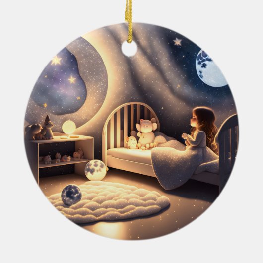 Meisje bidt in maanlicht en door sterrenlicht keramisch ornament (Achterkant)