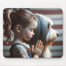 Meisje bidt met gebaarde collie