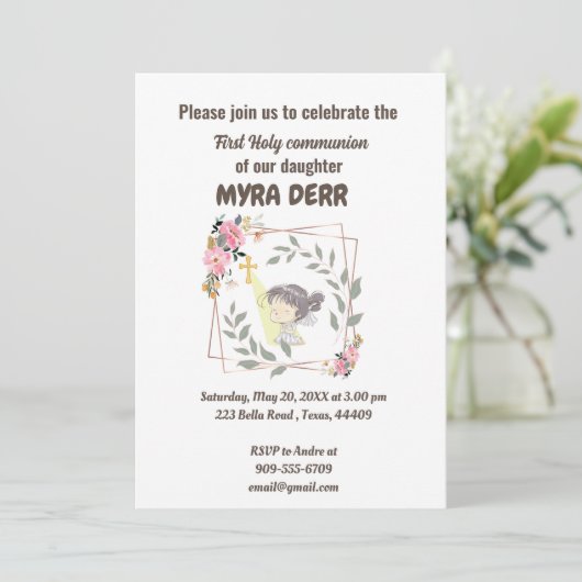 Meisje bidt tot jesuskruis eerste communie kaart (Staand voorkant)