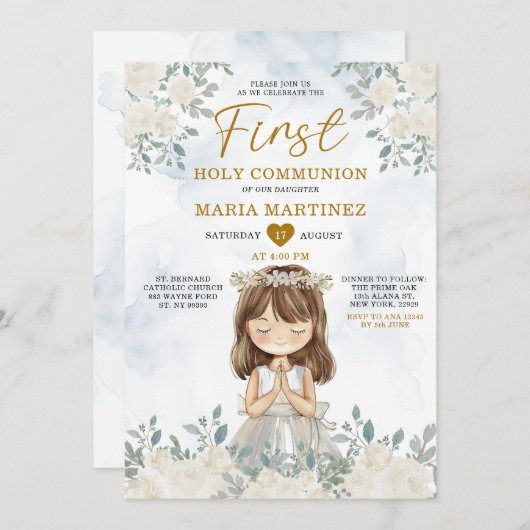 Meisje bidt Witte Bloemen Eerste Heilige Communie Kaart (Voorkant / Achterkant)