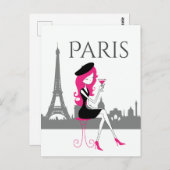 Meisje bij een Cafe in Paris Chic Eiffel Tower Briefkaart (Voorkant / Achterkant)