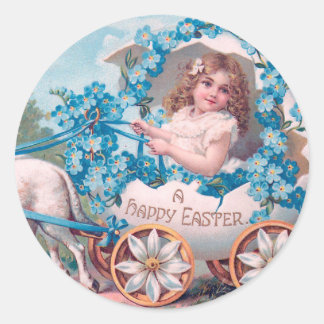 meisje bij paaseieren bij lammeren ronde sticker