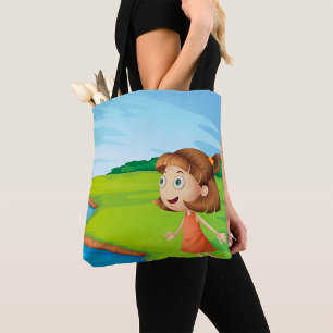 Meisje bij rivier natuur landschap tote bag
