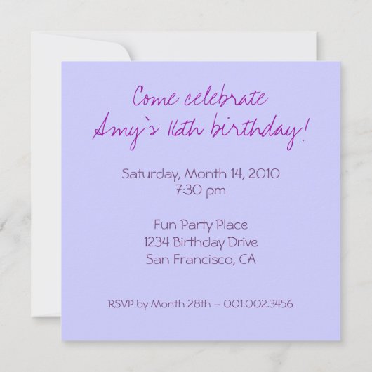 Meisje Birthday / Sweet 16 Invite Kaart (Achterkant)