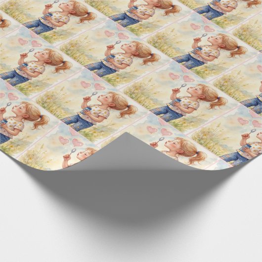 Meisje blaast hartbellen in Waterverf Cadeaupapier (Hoek)