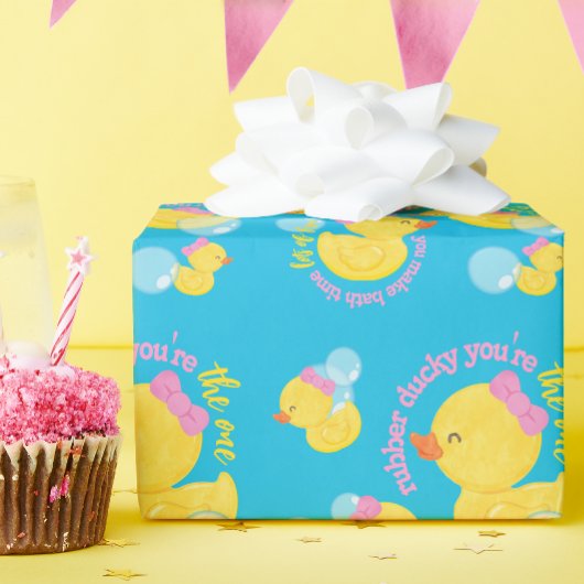 Meisje Blauw Rubber Ducky Je bent de One Party Cadeaupapier