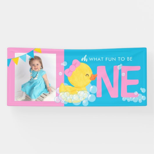 Meisje Blauw Waterverf Duck Oh Wat Leuk Fotofeestj Spandoek (Horizontaal)