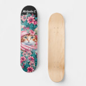 Meisje Blauwgroen & Roze Bloemen Kerstmis Kitten Persoonlijk Skateboard (Voorkant)