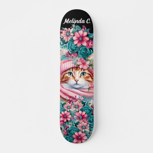Meisje Blauwgroen & Roze Bloemen Kerstmis Kitten Persoonlijk Skateboard (Voorkant)