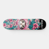Meisje Blauwgroen & Roze Bloemen Kerstmis Kitten Persoonlijk Skateboard (Horizontaal)