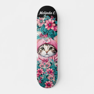 Meisje Blauwgroen & Roze Bloemen Kerstmis Kitten Persoonlijk Skateboard