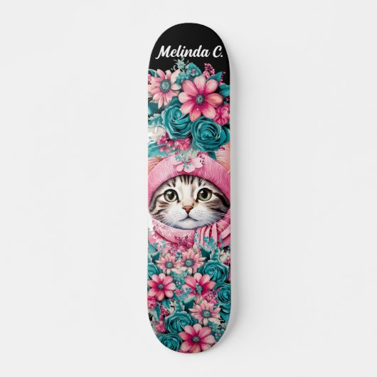 Meisje Blauwgroen & Roze Bloemen Kerstmis Kitten Persoonlijk Skateboard (Voorkant)