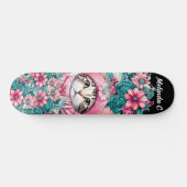 Meisje Blauwgroen & Roze Bloemen Kerstmis Kitten Persoonlijk Skateboard (Horizontaal)