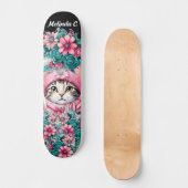 Meisje Blauwgroen & Roze Bloemen Kerstmis Kitten Persoonlijk Skateboard (Voorkant)