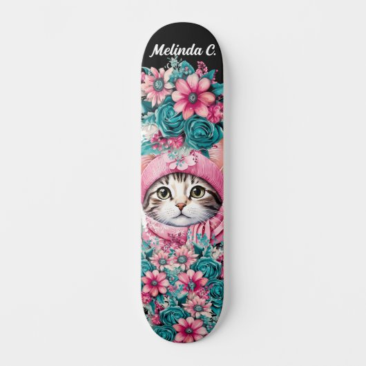Meisje Blauwgroen & Roze Bloemen Kerstmis Kitten Persoonlijk Skateboard (Voorkant)