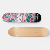 Meisje Blauwgroen & Roze Bloemen Kerstmis Kitten Persoonlijk Skateboard (Horizontaal)